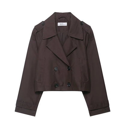Women's Fashion Double Breasted Short Trench Coat Turn-down Collar Long Sleeve Coats Vintage Female Outerwear Chic Tops