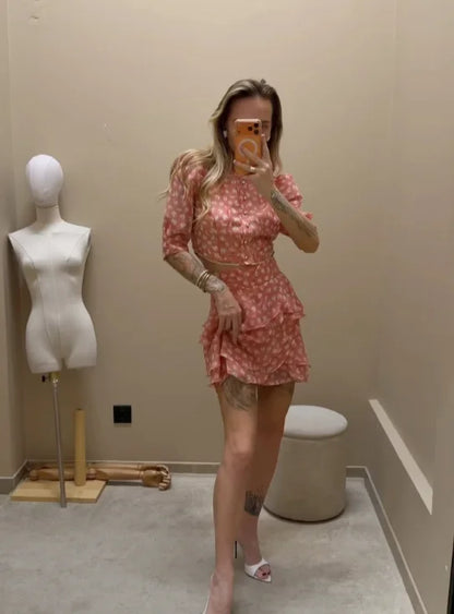 Women's Elegant Floral Print Two Piece Set Fashion Puff Sleeve Crop Top Layered Ruffle Mini Skirt Sets 2026 New Lady Daily Suits