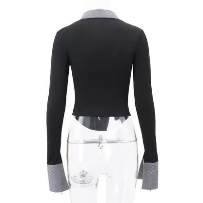 2025 Autumn Striped Polo Collar Contrast Crop Top Slim Fit Bodycon Knit Tops - Spicy Girl Outfits for Club/Streetwear/Daily Wear