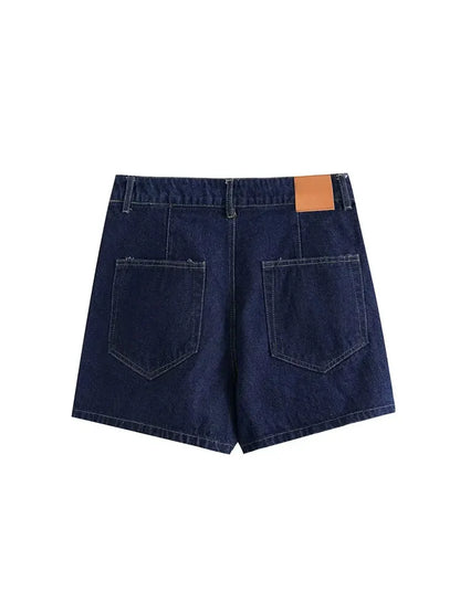 2025 Women's Fashion Flip Pocket Decoration Short Flip Collar Slim fit denim Top + Asymmetric Denim Skirt 2 Piece Set