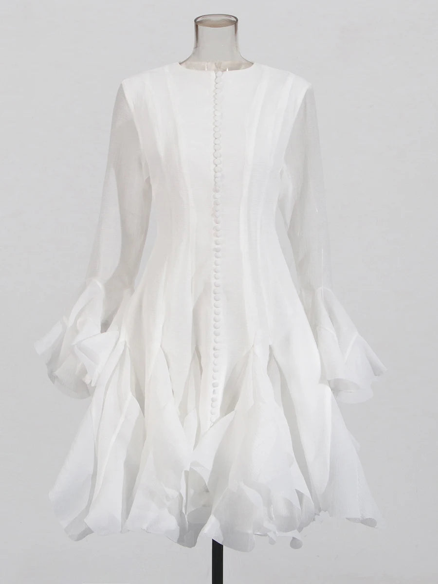TWOTWINSTYLE Solid Long Dresses For Women Round Neck Flare Sleeve High Waist Slim A Line Spliced Ruffles Dress Female Fashion