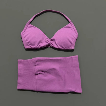 HISTELLO Gym Set 2 Piece Women Strappy Yoga Bra Top Workout Scrunch Shorts Sports Suit Fitness Clothes Seamless Yoga Set
