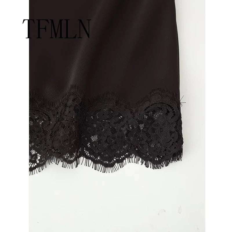 TFMLN Elegant Lace Splice Satin Half Skirt Women's Fashion Wrap Around Long Skirt High Quality Feel New 2025 Style