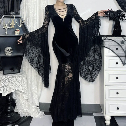 Halloween Costume Women Batwing Sleeve Floor Dress Black Gothic Evil Terror Maxi Mistress Morticia Addam Family Outfit For Adult