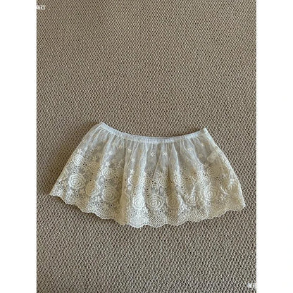 Solid Harajuku White Beige Mesh Lace Skirt Y2k Korean Girl Stacked Skirt Chic Apron Wrap Skirt Lace Up Matching Pants Streetwear
