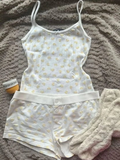 Strawberry Vest Shorts 2 Pieces Set Woman Eyelet Bow Slim Tank Top with Elastic Waist Patchwork Straight Short Pant Sweet Sets