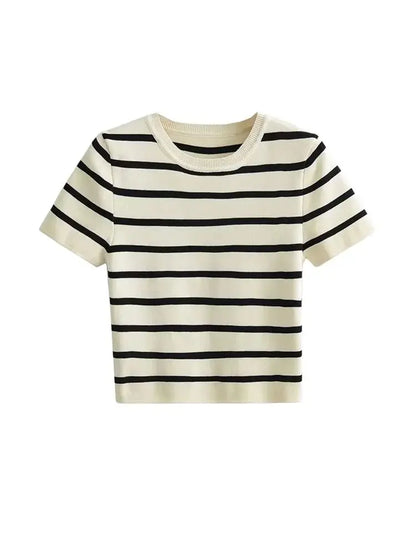 Women Fashion Striped Basic Cropped Knit Sweater Vintage O Neck Short Sleeve Female Pullovers Chic Tops