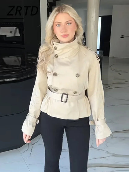 Fashion Women's Short Belt Jackets Turtleneck Double Breasted Full Sleeve Female Trench Coats 2025 Autumn Lady Commute Outwear