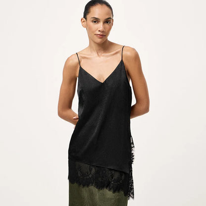 Linad Elegant Satin Apricot Spaghetti Strap Camisole Street Chic Lace Split Vest Female Casual Silk Tops Women 2025 Summer Pink