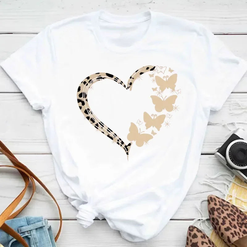 Y2k Women's Colorful Butterfly Petal Print T-Shirt, Short Sleeve, Round Neck, Cute Graphic Tee Shirts, Female Tops Clothes