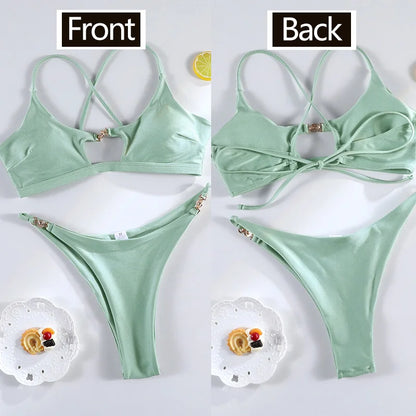 Miyouj Bandage Swimwear Summer Swimsuit High Cut Bikini Set Solid Sexy 2-Piece Suit New Bathsuit Hollow Out Thongs Beachwear