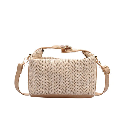 HOMEFISH Summer Small Straw Handbag Trendy Shoulder Bag Woven Bucket Crossbody Bag Casual Seaside Beach Bag Gilrs Handle Tote