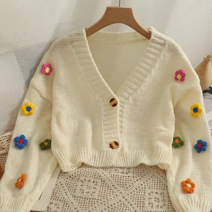 2026 New Spring Autumn Colourful Applique Flower Cardigan for Women Cute Long  V-neck Knit Crop Sweater Girl Soft Knitwear