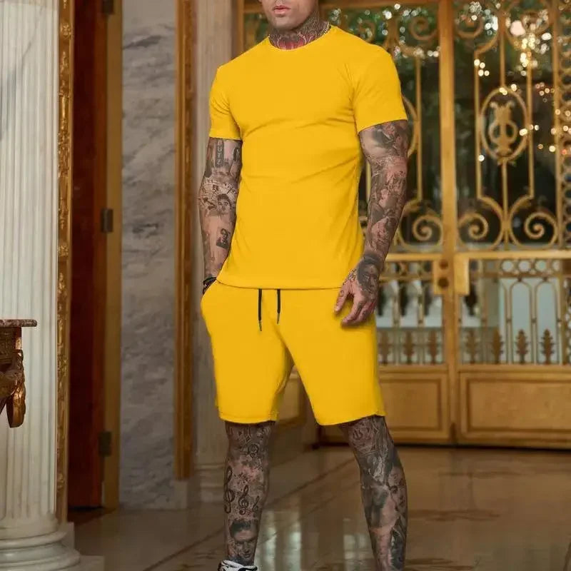 2025 summer new men's breathable sportswear short sleeved t-shirt and shorts set popular quick drying clothing