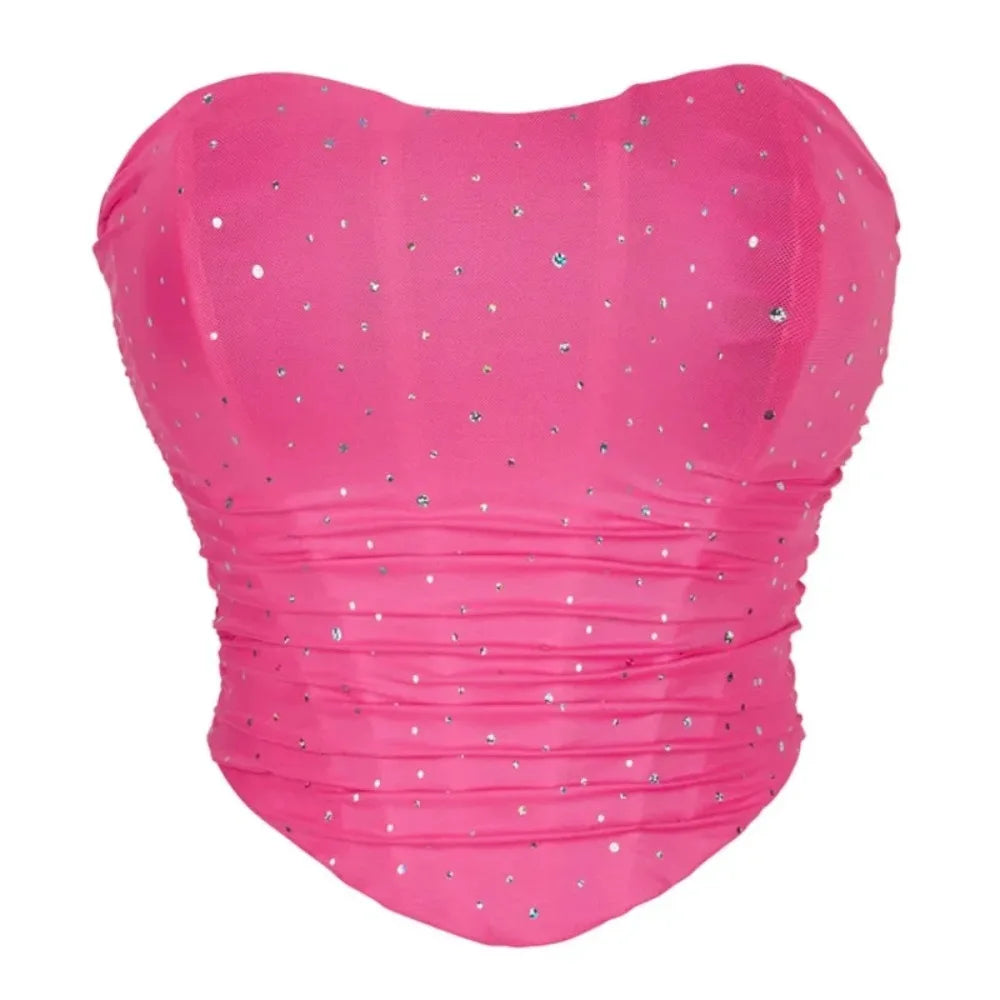 Summer Women Sexy Corset Crop Top Rhinestone Backless Lace Up Bustier Female Club Party Camisole Underwear