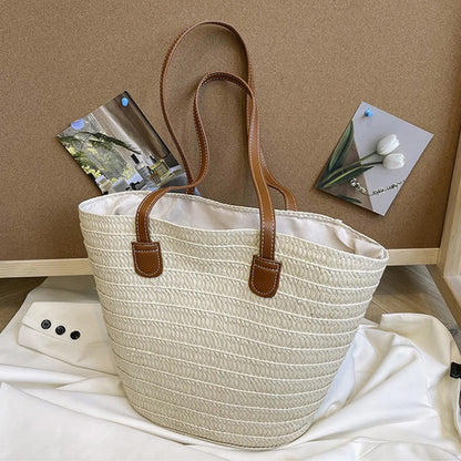 Women Braided Basket Clutches Top-handle Bag Large Straw Portable Shoulder Bag Summer Beach Party Purses Shopper Satchel Female