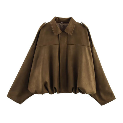 Women's Bomber Jackets Coats Fashion Turn-down Collar Long Sleeve Loose Coats Vintage Female Outerwear Chic Tops