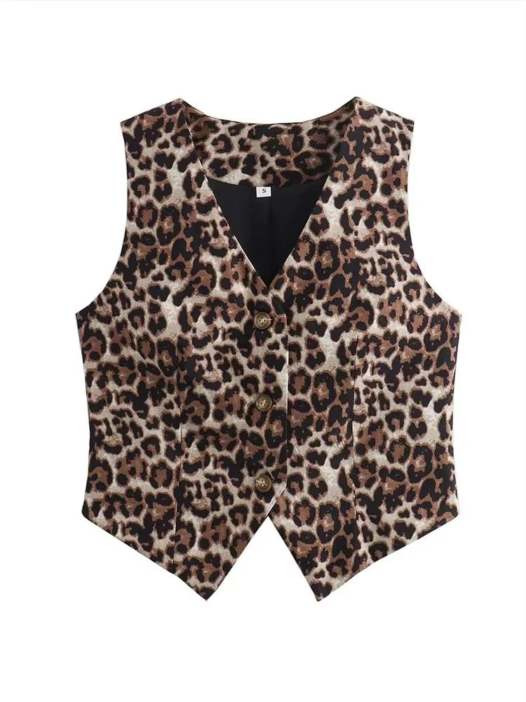 Women's Vest 2025 Fashion Leopard Summer V-Neck Single-breasted Vest Top Ladies Casual Cropped Sleeveless Coat New In Vests