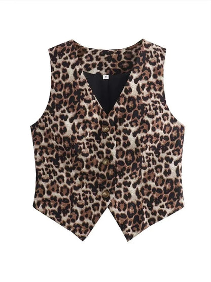 Women's Vest 2025 Fashion Leopard Summer V-Neck Single-breasted Vest Top Ladies Casual Cropped Sleeveless Coat New In Vests