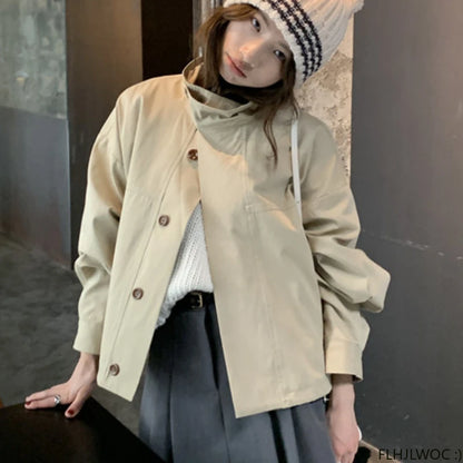 Korea Short Outerwear Woman Casual Loose Lazy Chic Long Sleeve Cotton Blends Windbreaker Coats Thin Thench