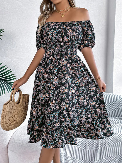Msfilia Leisure Square Collar Spring Summer Dress Women Short Sleeve Loose Waist Design Lotus Leaf A-shaped Print Dress