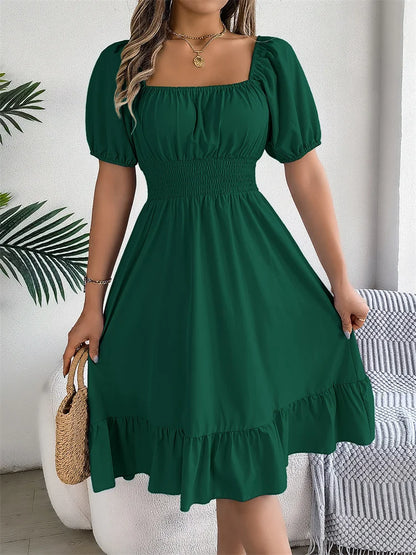 Msfilia Leisure Square Collar Spring Summer Dress Women Short Sleeve Loose Waist Design Lotus Leaf A-shaped Print Dress