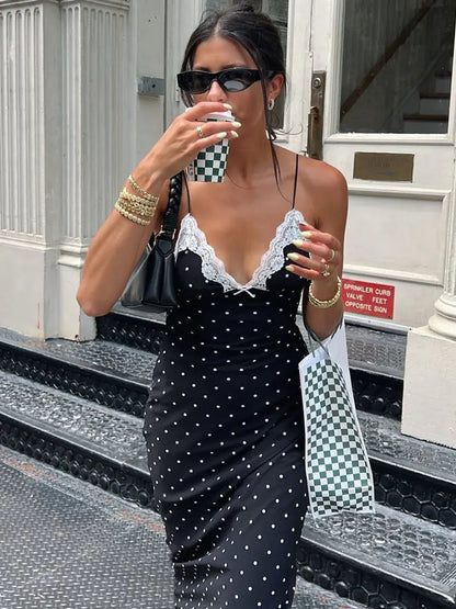 Tossy Lace V-Neck Patchwork Maxi Dress Women Backless High Waist Slim Spaghetti Contrast Party Dress Female Spring Long Dress