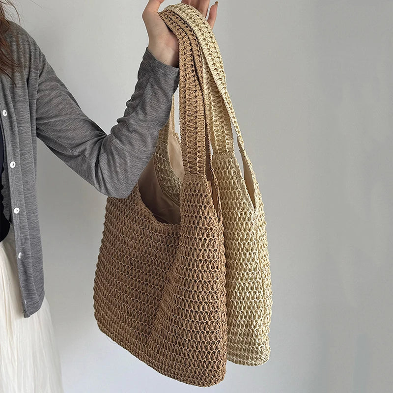 Fashion Rattan Women Shoulder Bags Woven Female Handbags Large Capacity Summer Beach Straw Bags Casual Tote Purses