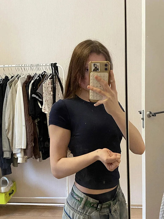 Women's Basic Solid Crop Top Short Sleeve Crewneck Skinny T-shirt Summer Casual Y2K Vintage Harajuku Streetwear