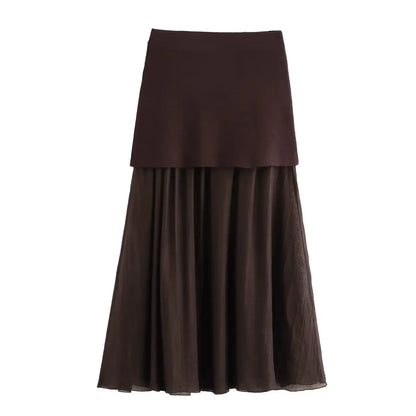 HH 2025 Women Skirt Set Wine Red Knitted V-Neck Sleeveless Slim Vest +Solid High Waist Zipper Patchwork Long Skirt Street