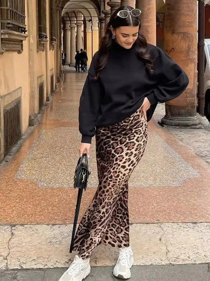 HH Women Fashion Leopard Print Skirt Vintage High Waist Midi Skirts Elegant Women Summer Casual Streetwear Skirt