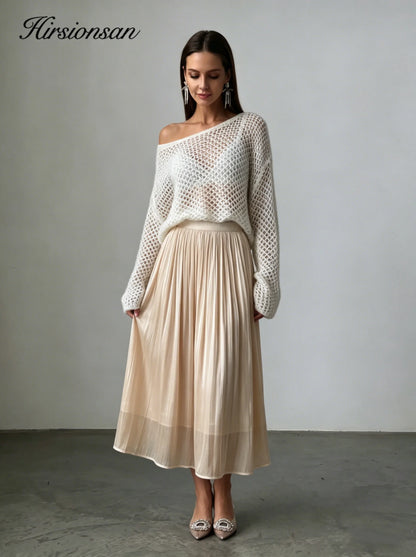 Hirsionsan Satin High Waist Skirts Women 2024 New Soft Smooth Silk Office Lady Basic Midi Skirt Chic Elegant Glossy Long Skirt