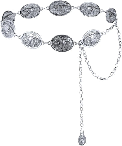 Metal Chain Belt for Women Cowgirl Western Country Chain Belts Adjustable Concho Belt for Sweaters Dresses Jeans
