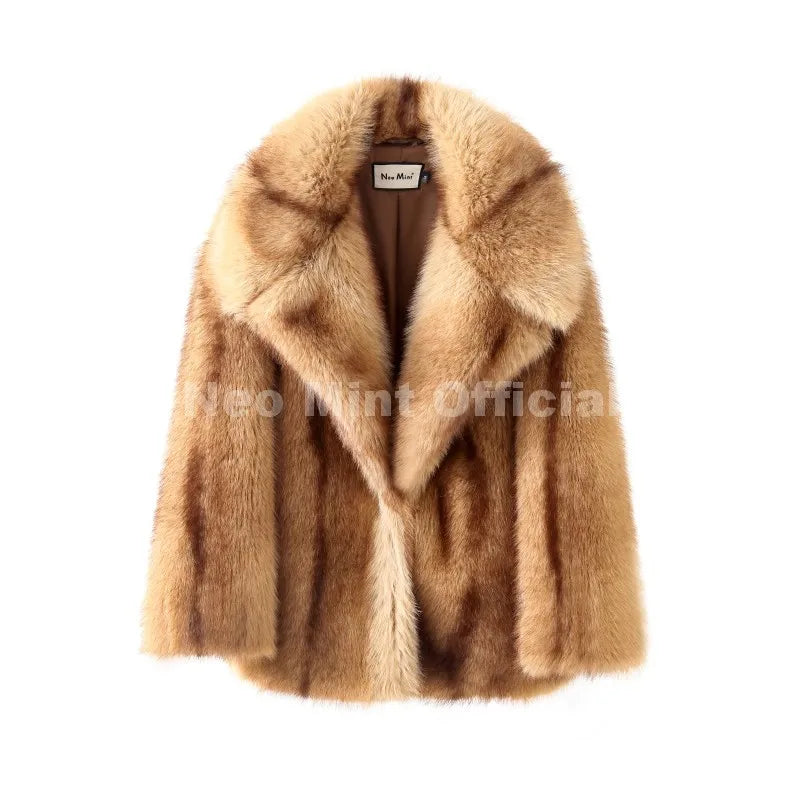 Neo Mint Luxury Brand Fashion Women Yellow Striped Faux Fur Jacket Coat Chic Girls 2025 Winter Oversized Warm Outerwear Overcoat
