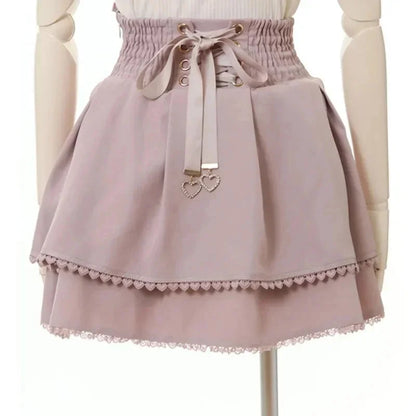 Japan Style High Waist Pleated Mini Skirts Bow Knot Design Mini Skirts Kawaii Slim Fit A-line Skirts Pink Lace Skirts For Women