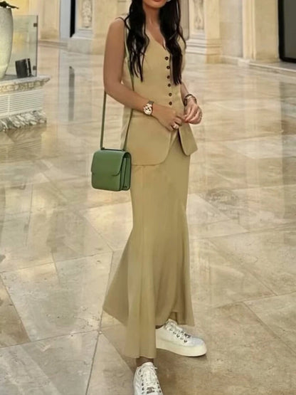 HH Women 2024 Fashion Summer Vest Skirt Sets Khaki V-Neck Sleeveless Pockets Waistcoats+High Waist Asymmetrical Skirt Suits