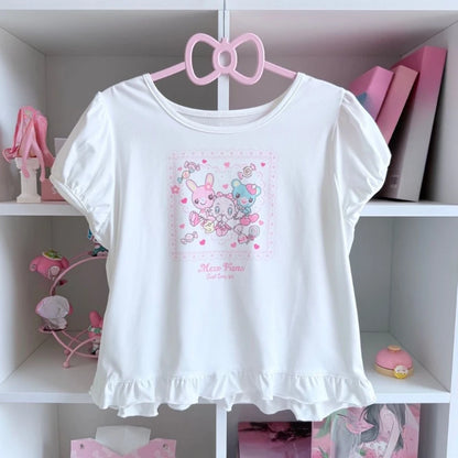 Japanese Kawaii Crop Tops Cartoon Print Harajuku Lolita Short Sleeve T-shirts Women Y2k Aesthetic Slim Tee Vintage Fairy Grunge