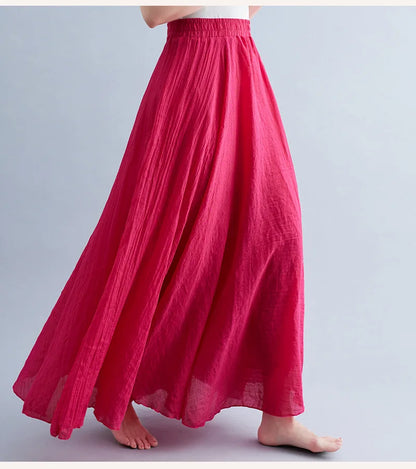 28-Color Mori Girl Literary Cotton Linen Dress Elastic Waist A-line Expansion Skirt Solid Color Ethnic Style Women Long Skirts