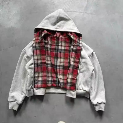American Double-Sided Plaid Loose Zipper Hoodie Men Y2K New Harajuku Hip-Hop Gothic Couple Casual Joker Sweatshirt Street Wear