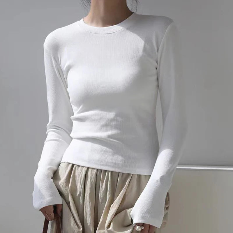 Cotton O Neck Long Sleeve Shirt Women Sexy Cropped Tops 2026 Autumn Black Casual Skinny Slim Basic Woman T Shirts White Clothing