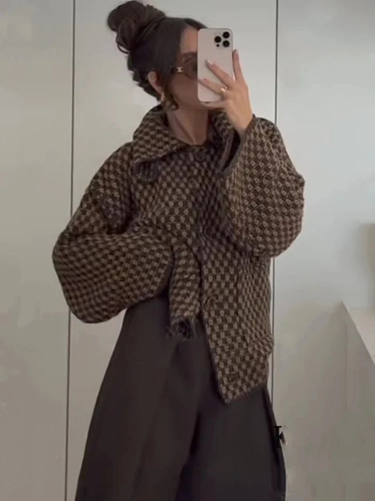2025 New Autumn Brown Long Sleeve Knitted Cardigans Women Elegant Lapel Single Breasted Loose Sweater Coat Knitwear Korean Style
