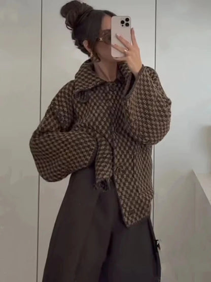 2025 New Autumn Brown Long Sleeve Knitted Cardigans Women Elegant Lapel Single Breasted Loose Sweater Coat Knitwear Korean Style