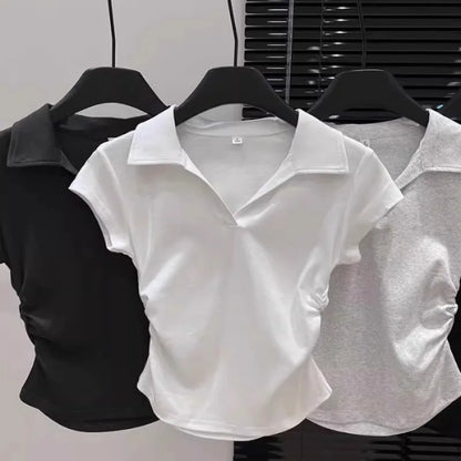 Cotton Summer Sexy Women's T Shirt Skinny Slim Basic Solid Crop Top Short Sleeve Polo TShirtCasual Top Tee for Women