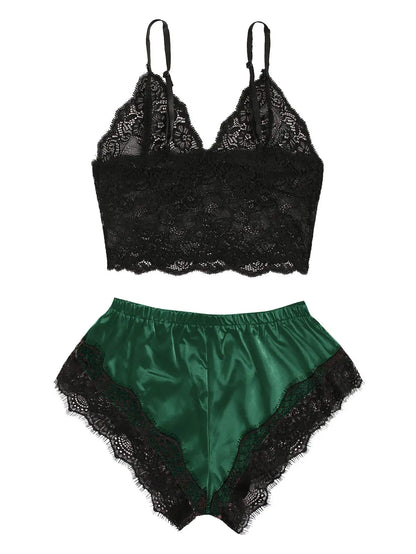 Women's 2 Piece Sexy Lace Pajama Set See-Through Bralette Cami Top and Shorts Breathable Sleepwear Plus Size Summer Lingerie