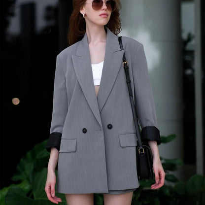 HXAO Blazer Women Double Breasted Pocket Women's Jacket 2025 Long Sleeve Casual Blazers Woman Chic Office Wear Ladies Coat