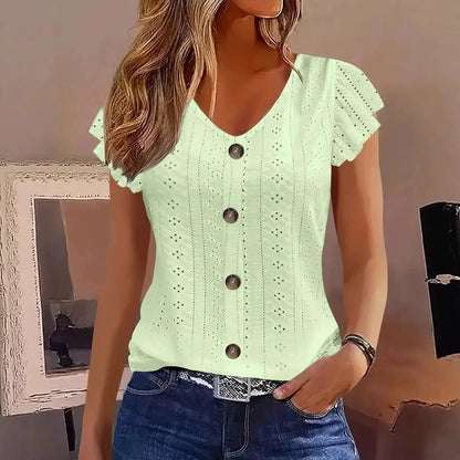 2025 Spring/Summer new women's fashion stylish commute casual solid color multi-color ruffle sleeve V-neck T-shirt