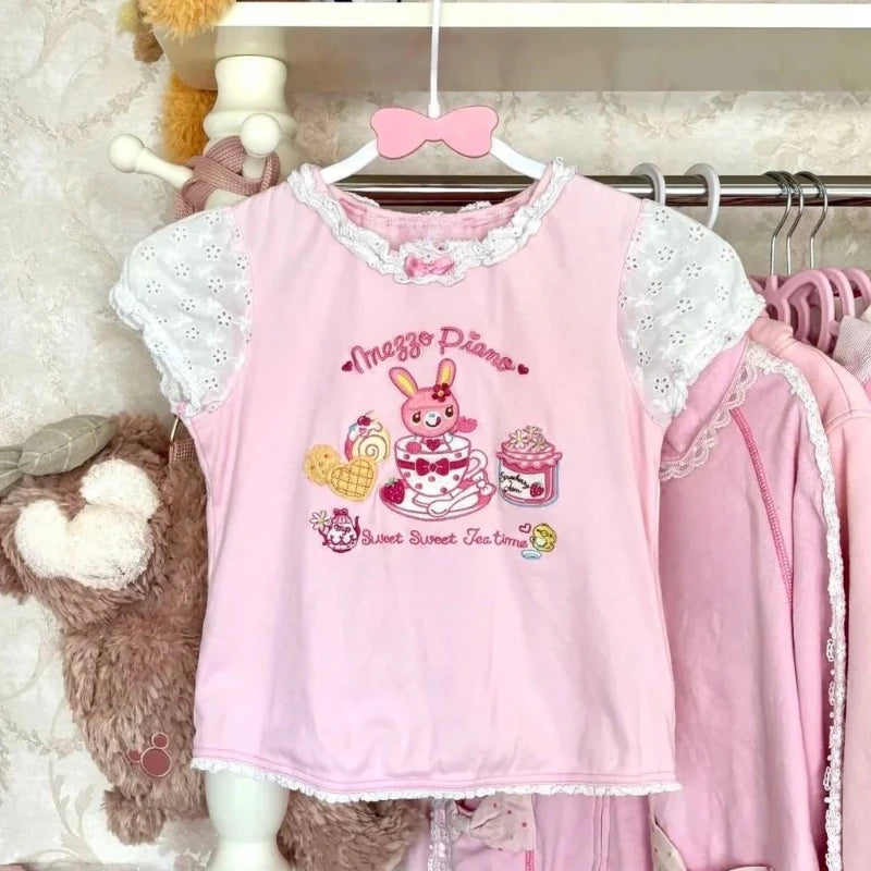 Japanese Kawaii Crop Tops Cartoon Print Harajuku Lolita Short Sleeve T-shirts Women Y2k Aesthetic Slim Tee Vintage Fairy Grunge