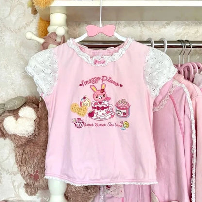 Japanese Kawaii Crop Tops Cartoon Print Harajuku Lolita Short Sleeve T-shirts Women Y2k Aesthetic Slim Tee Vintage Fairy Grunge