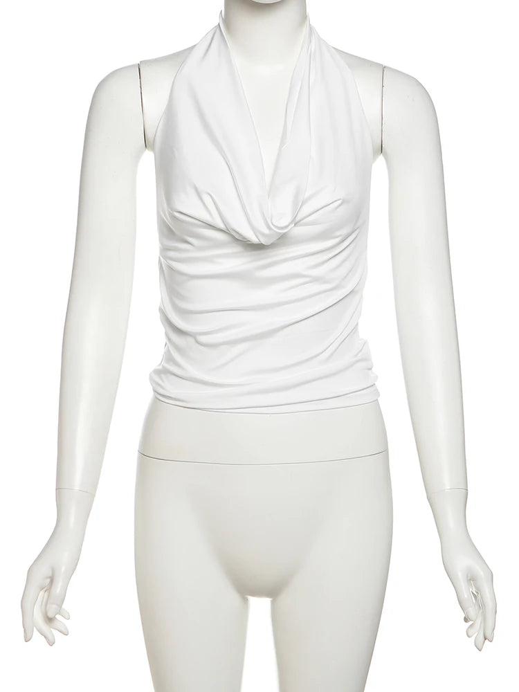Nibber Swing Collar Vests Women Backless Halter Folds Skinny Street Versatile Daily Fashion Sexy Summer Temperament Mini Tops