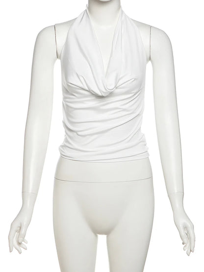 Nibber Swing Collar Vests Women Backless Halter Folds Skinny Street Versatile Daily Fashion Sexy Summer Temperament Mini Tops